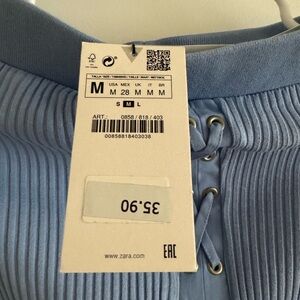 Zara Sky Blue Lace-Up Ribbed Top